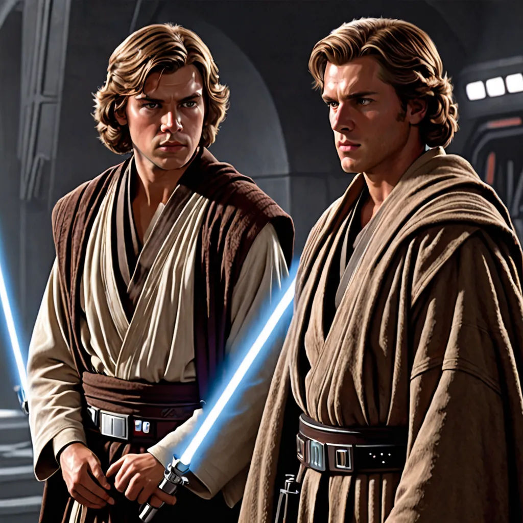 two men in costumes standing next to each other in a room with lights on and one holding a sword, fantastic realism, concept art, Brothers Hildebrandt, official art
