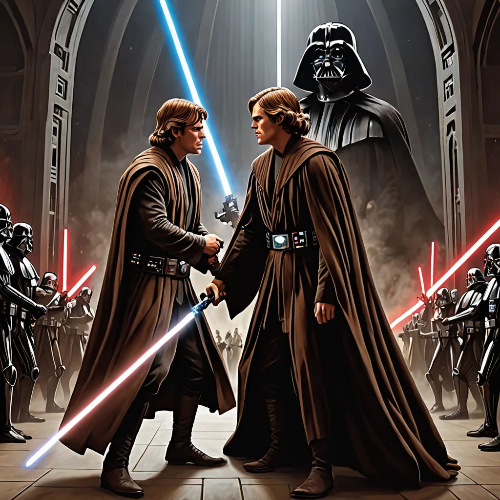 a couple of people that are standing in front of a star wars scene with lightsabens on them, renaissance, poster art, Brothers Hildebrandt, official art