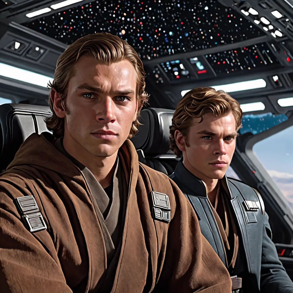 two men in star wars outfits sit in a vehicle with a view of the sky behind them and a star wars theme is in the background, photorealism, a renaissance painting, Brothers Hildebrandt, official art
