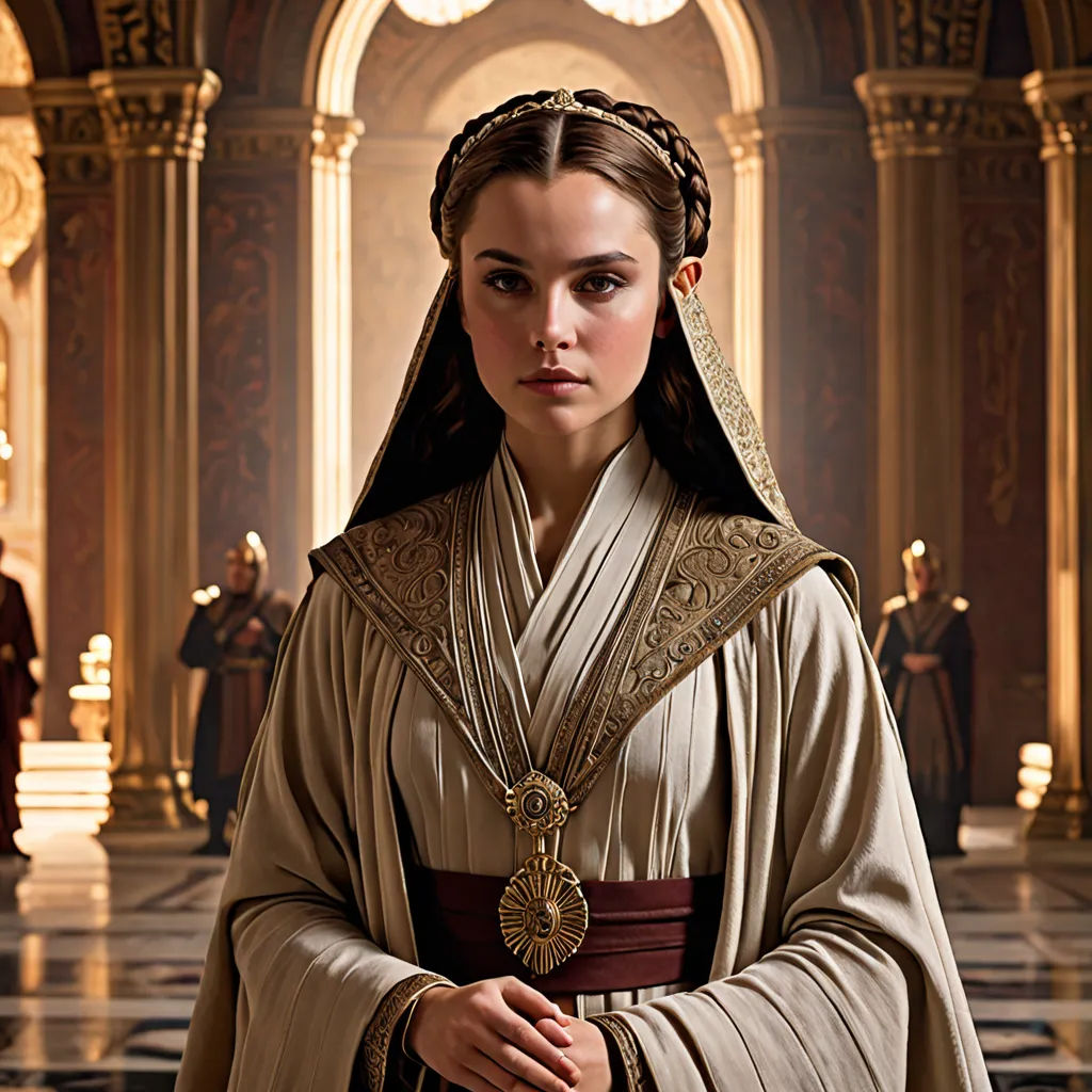 a woman in a costume standing in a room with other people in the background and a doorway in the background, antipodeans, a detailed matte painting, Edward George Handel Lucas, promotional image