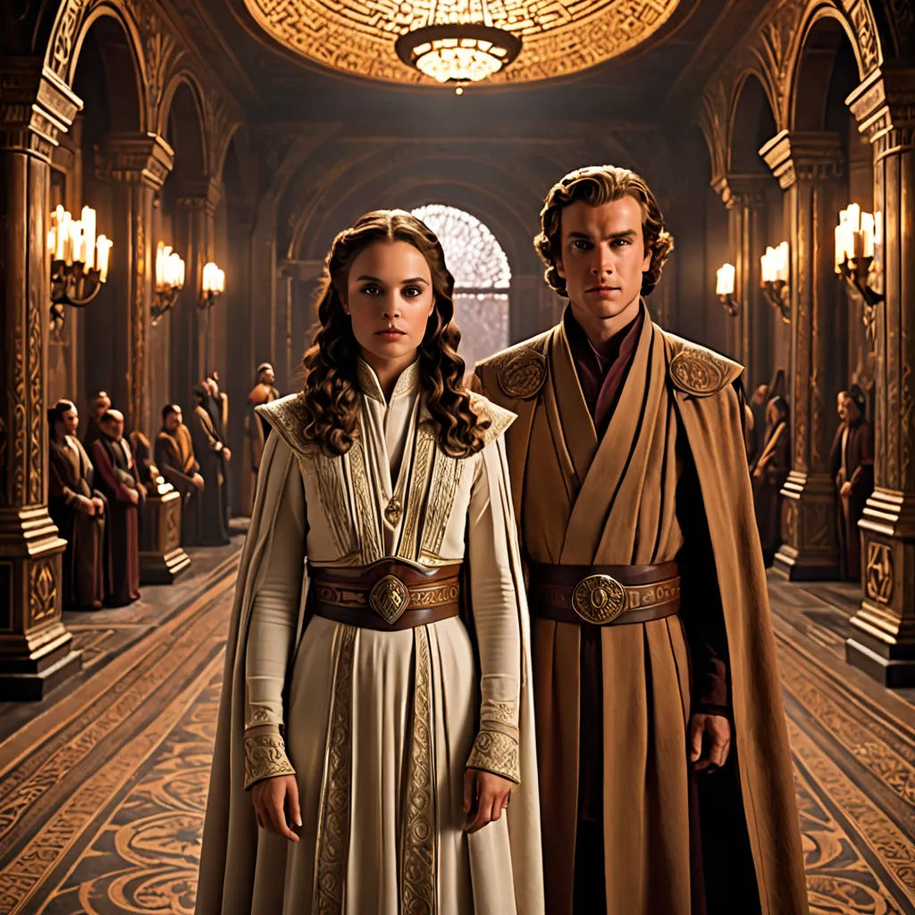 a man and a woman standing in a hallway with a ceiling light in the background and a chandelier in the background, neo-romanticism, poster art, Edward George Handel Lucas, promotional image