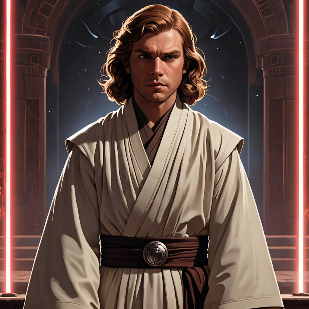 a man in a star wars outfit standing in front of a doorway with a red light behind him and a red light behind him, renaissance, poster art, Edward George Handel Lucas, official art