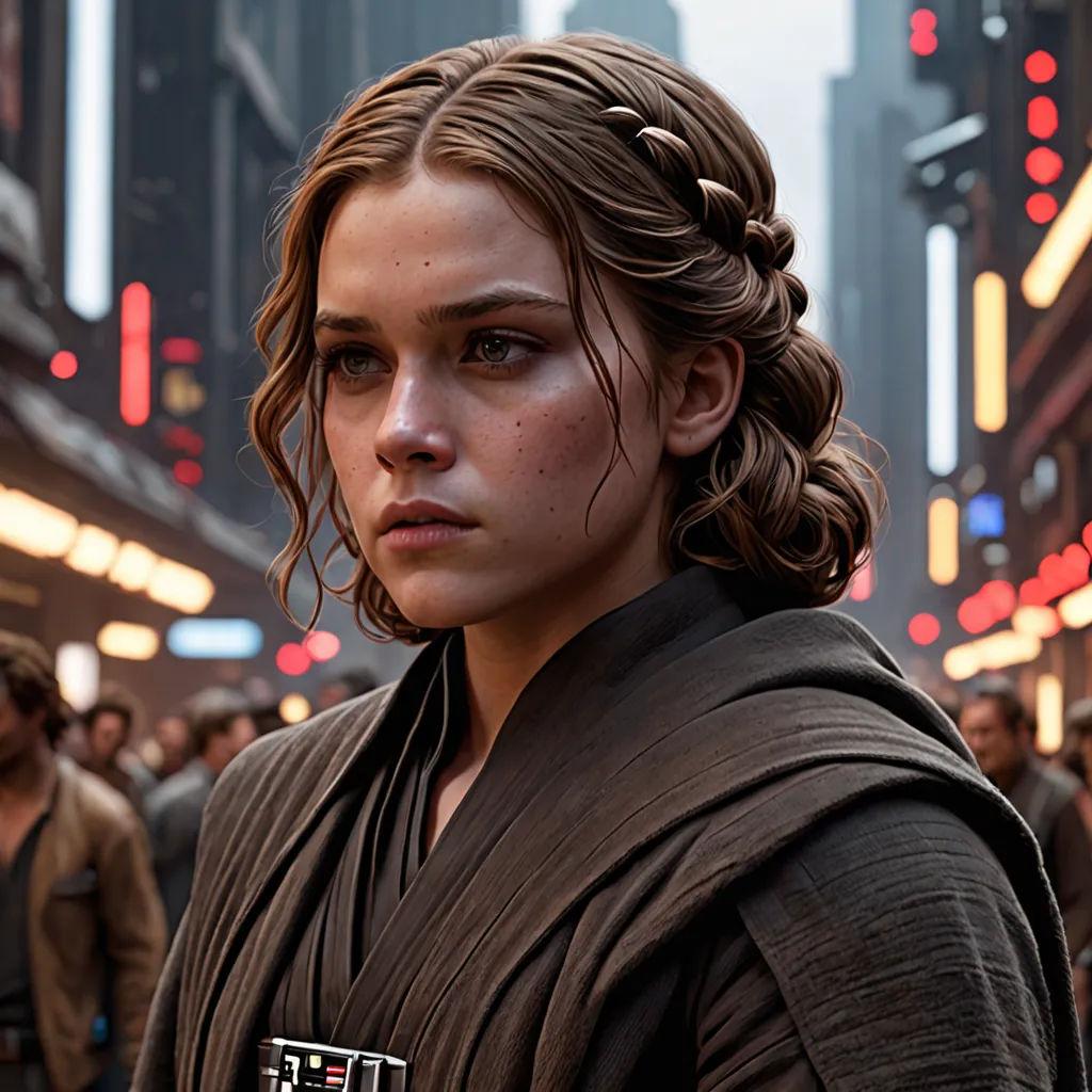 a woman in a star wars outfit standing in a crowded street with people in the background and a cityscape in the background, renaissance, a renaissance painting, Drew Struzan, cinematic lighting + masterpiece