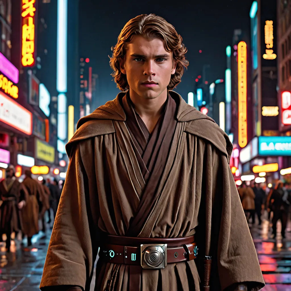 a man dressed in a star wars outfit standing in the rain in a city at night with neon lights, retrofuturism, a character portrait, Edward George Handel Lucas, promotional image