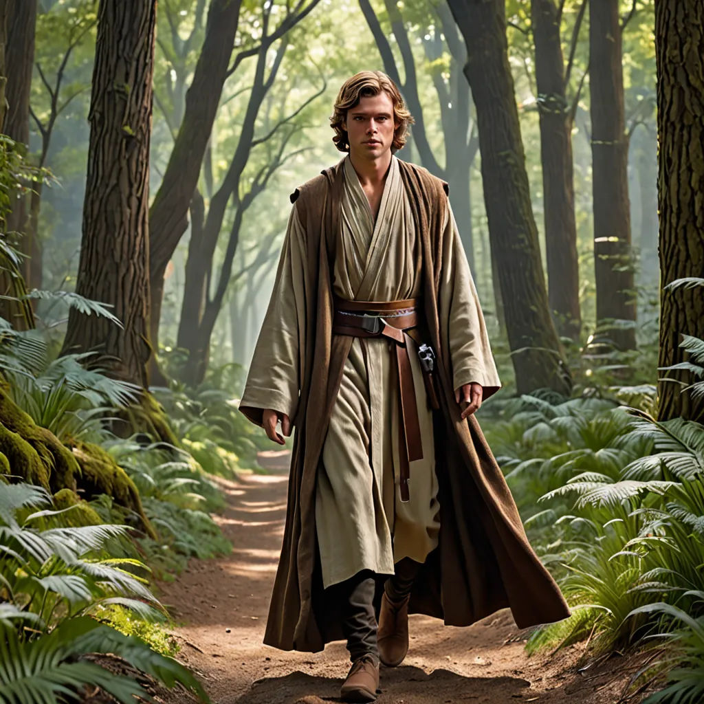 a man dressed in a star wars outfit walking through a forest with trees and ferns on the ground and a path, neo-romanticism, a colorized photo, Edward George Handel Lucas, magnificent