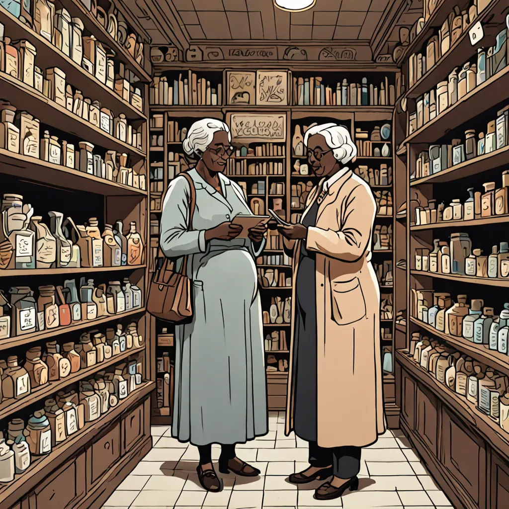 two women in a pharmacy shop looking at a clipboard with a picture of bottles on it and a man in a white coat, Asaf Hanuka, promotional image, a storybook illustration, underground comix