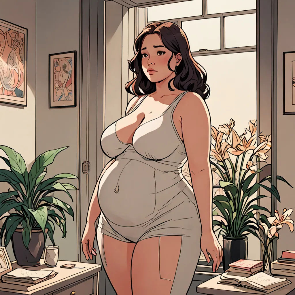 a woman in a dress standing in a room with a potted plant and a window behind her, with a potted plant in the foreground, Asaf Hanuka, yukito kishiro, a comic book panel, private press