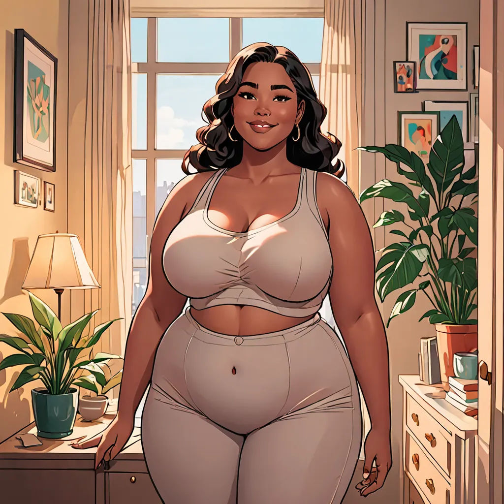 a cartoon of a woman in a large bra posing for a picture in a bedroom with a plant in the corner, Constance Gordon-Cumming, comic cover art, a comic book panel, private press