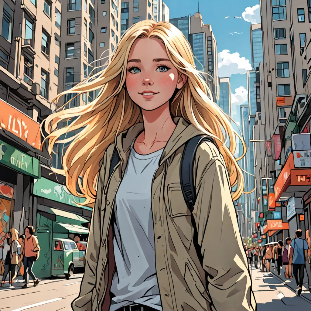 a woman walking down a street next to tall buildings and a tall building with a clock on it's side, Alena Aenami, rossdraws global illumination, a comic book panel, fantasy art