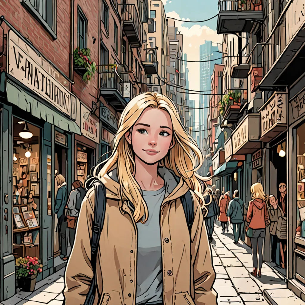 a woman walking down a street in a city with a backpack on her shoulder and a man walking behind her, Colin Middleton, yukito kishiro, a comic book panel, process art