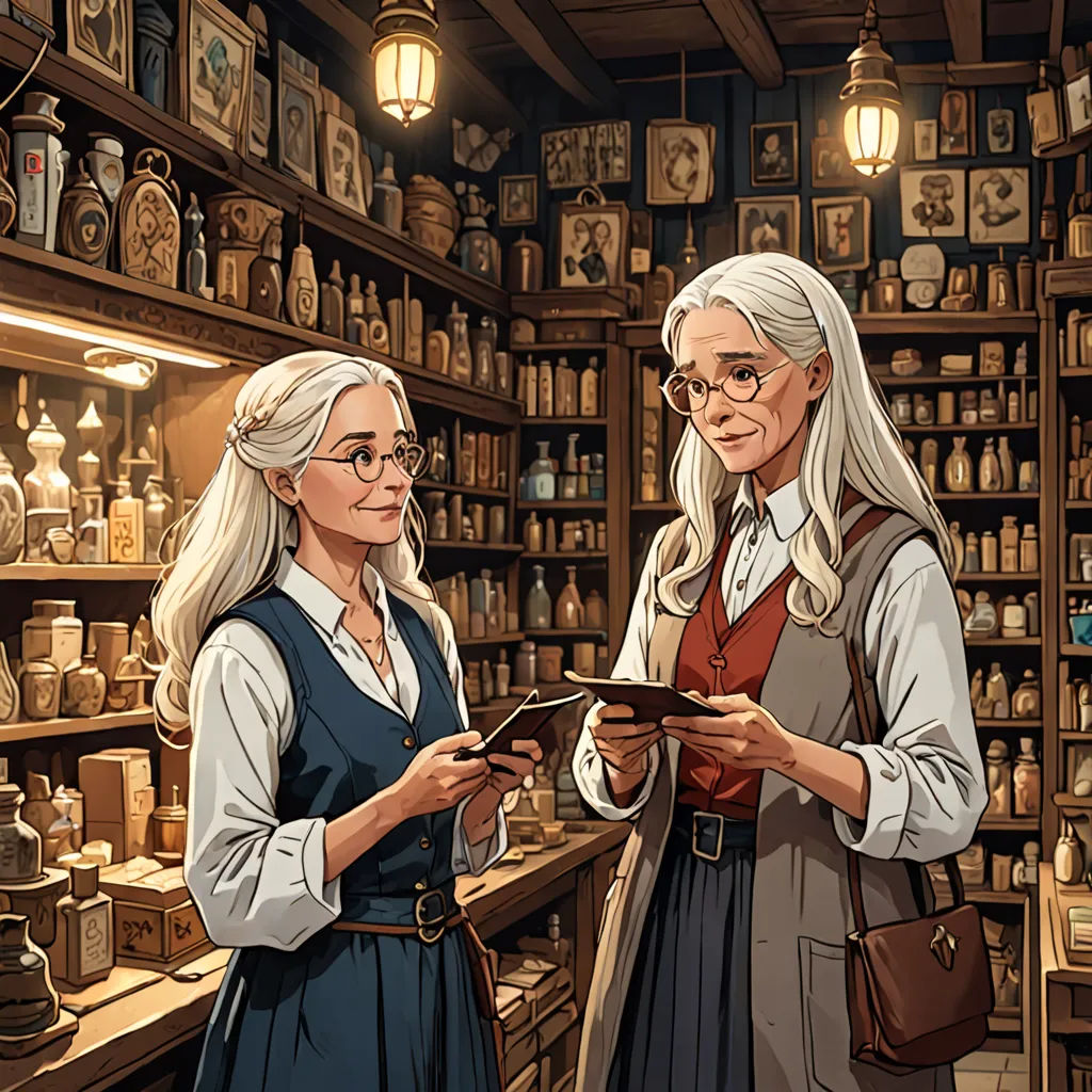 two women standing in a store looking at a tablet computer screen and smiling at each other, with a shelf full of bottles behind them, Anne Said, cushart krenz, a comic book panel, remodernism