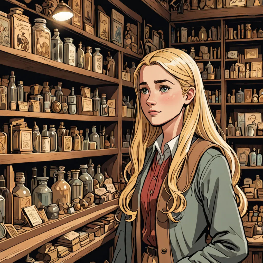 a woman standing in front of a shelf filled with bottles of liquor and jars of other items in a store, Constance Gordon-Cumming, western comic book art, a comic book panel, process art