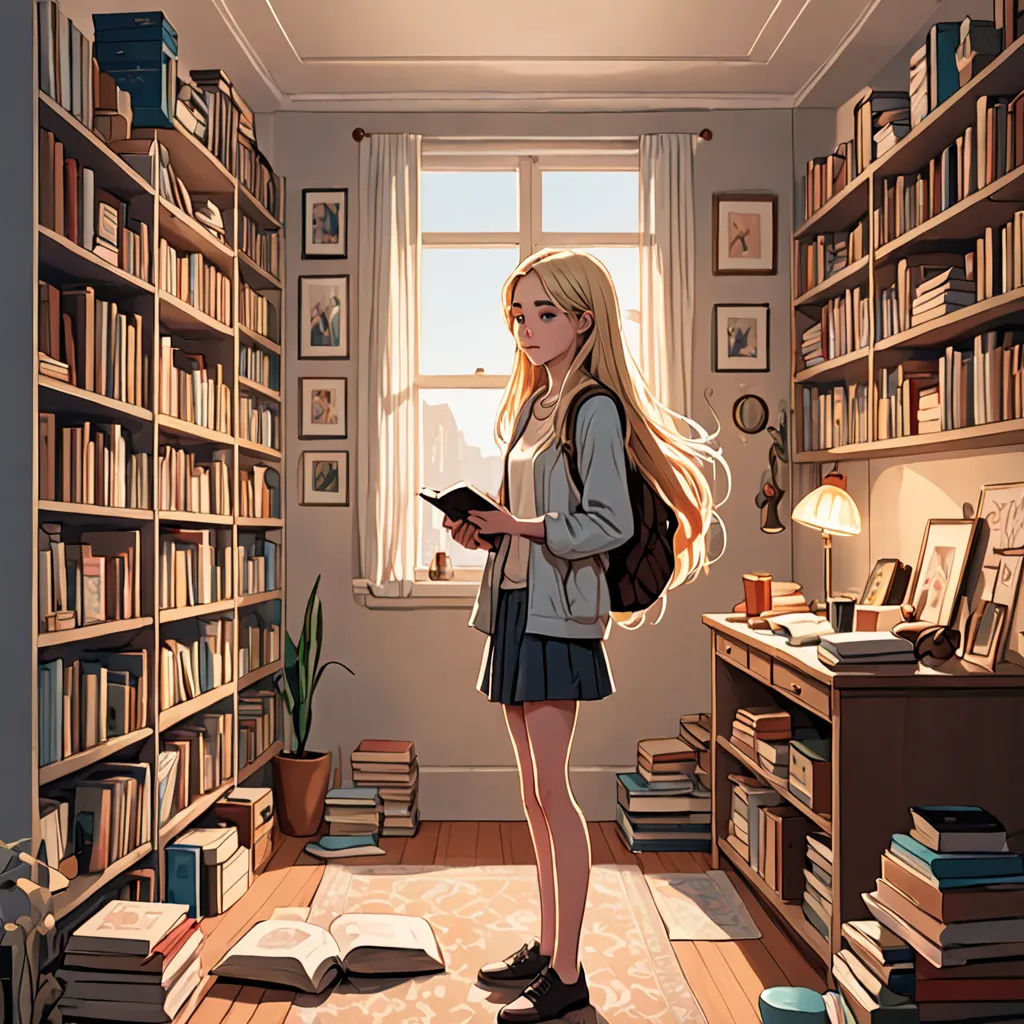 a girl standing in a library with a book in her hand and a book in her other hand, looking at a book, Atey Ghailan, rossdraws global illumination, a storybook illustration, academic art