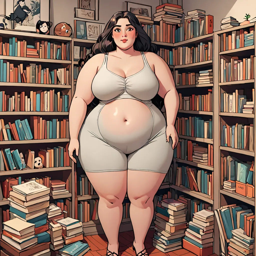 a fat woman standing in a library with books on the shelves and a cat on the wall behind her, Anthony Palumbo, giantess art, a storybook illustration, feminist art
