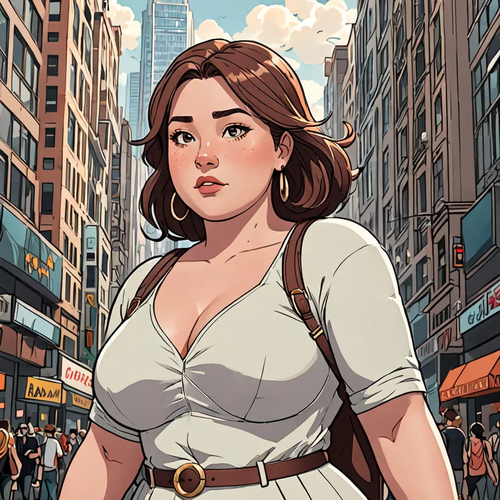 a woman in a white dress is walking down the street with a brown purse on her shoulder and a cityscape in the background, Artgerm, yukito kishiro, a comic book panel, hyperrealism
