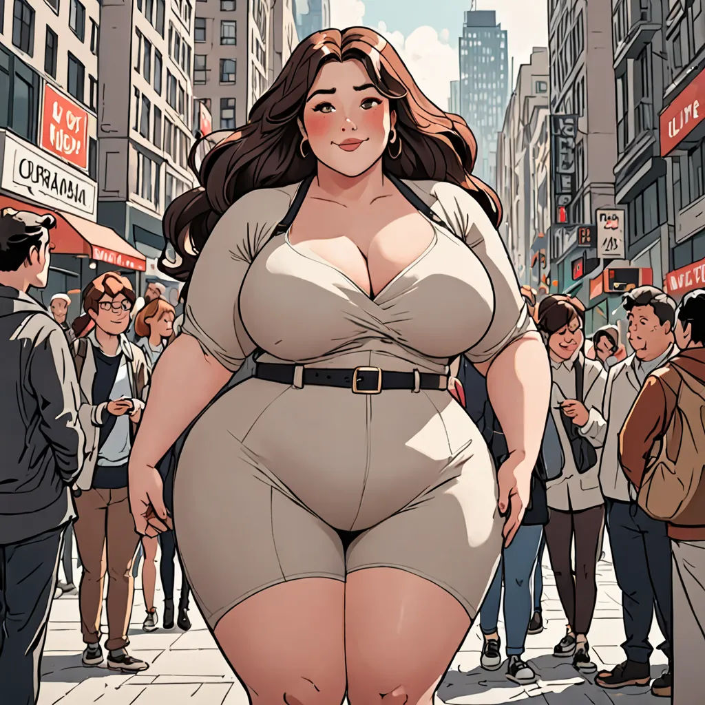 a cartoon of a woman in a big dress on a city street with people walking around her and a man standing behind her, Artgerm, giantess art, a comic book panel, superflat