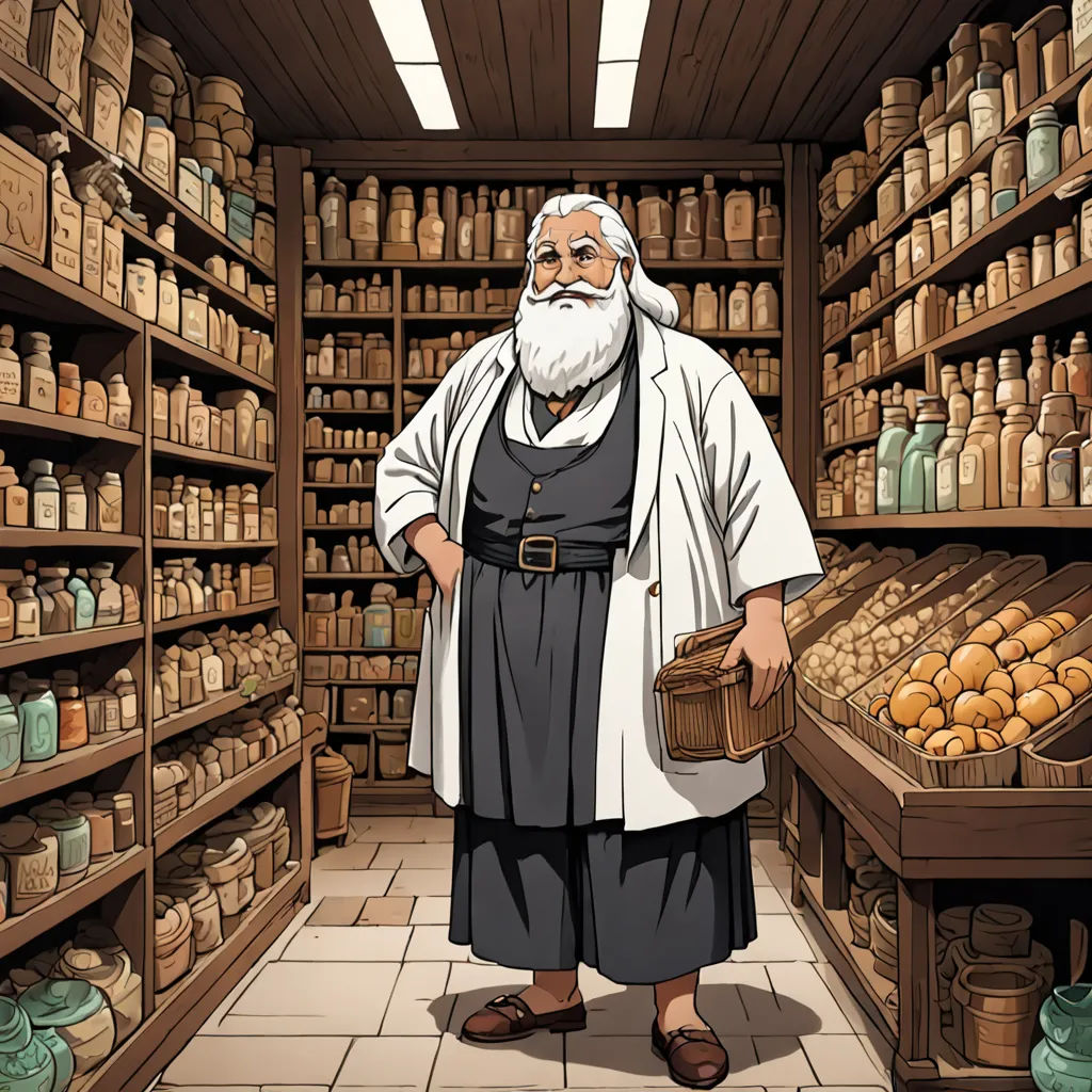 a man standing in a store with a basket of bread in his hand and a shelf full of jars, Dr. Atl, official art, a character portrait, rayonism