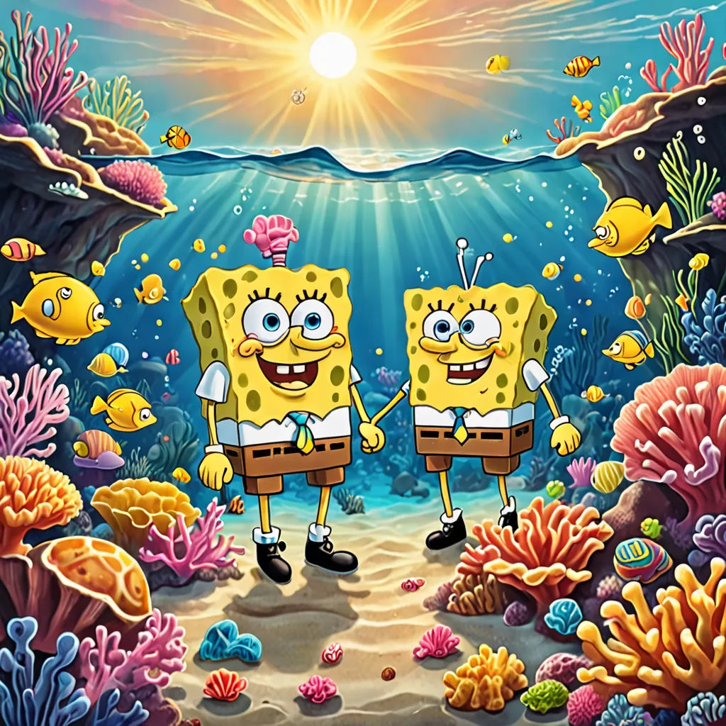 a painting of spongebob and patrick under the sea with fish and corals on the bottom of the picture, pop surrealism, concept art, Chris LaBrooy, promotional image