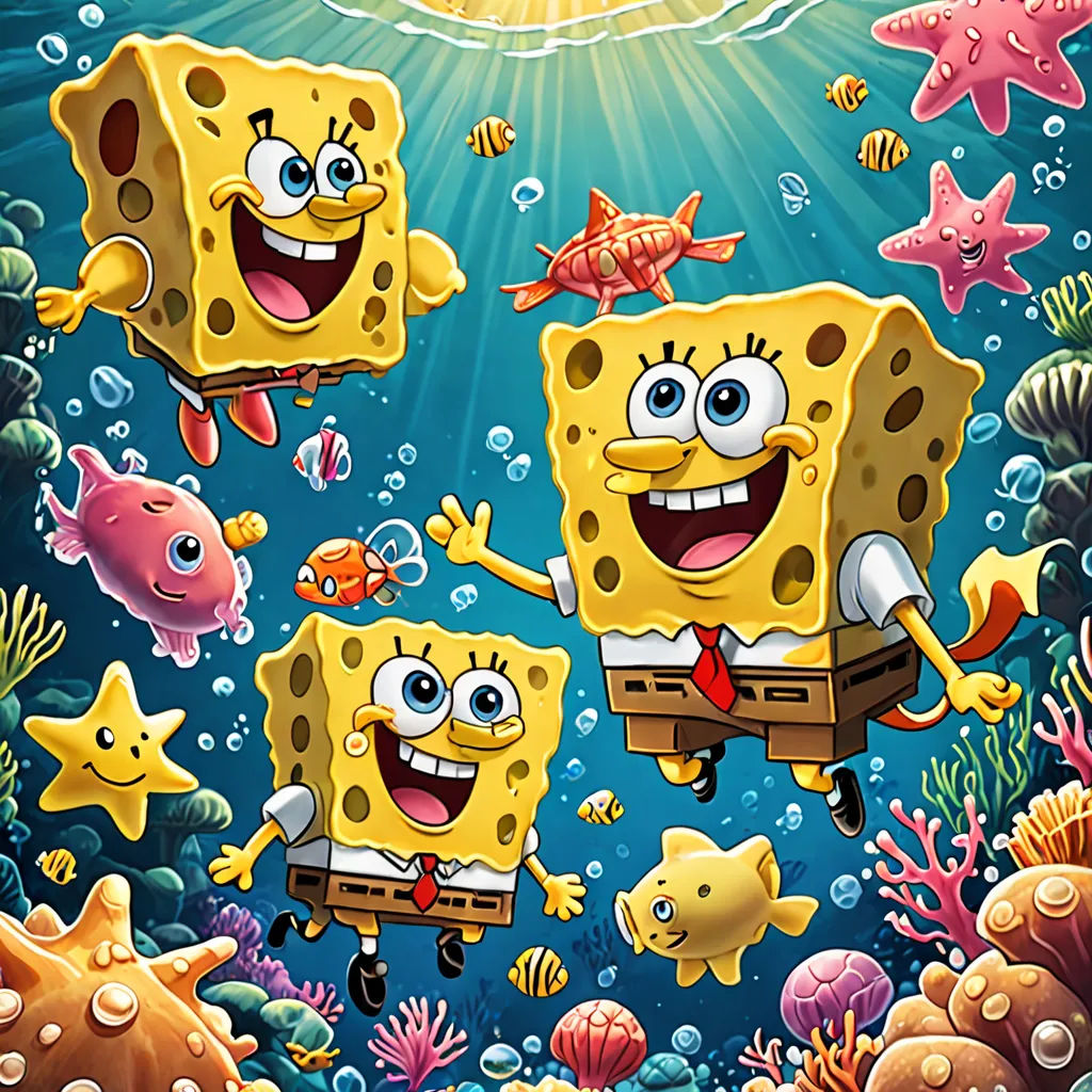 a cartoon spongebob with a bunch of fish around him and a starfish in the background with a sun above, sots art, poster art, Chris LaBrooy, key art