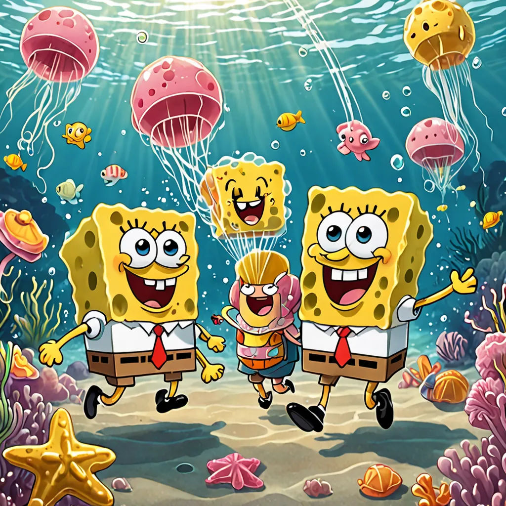 spongebob and friends under the sea with jelly fish and jellyfish in the background, under the water, sots art, concept art, Chris LaBrooy, promotional image