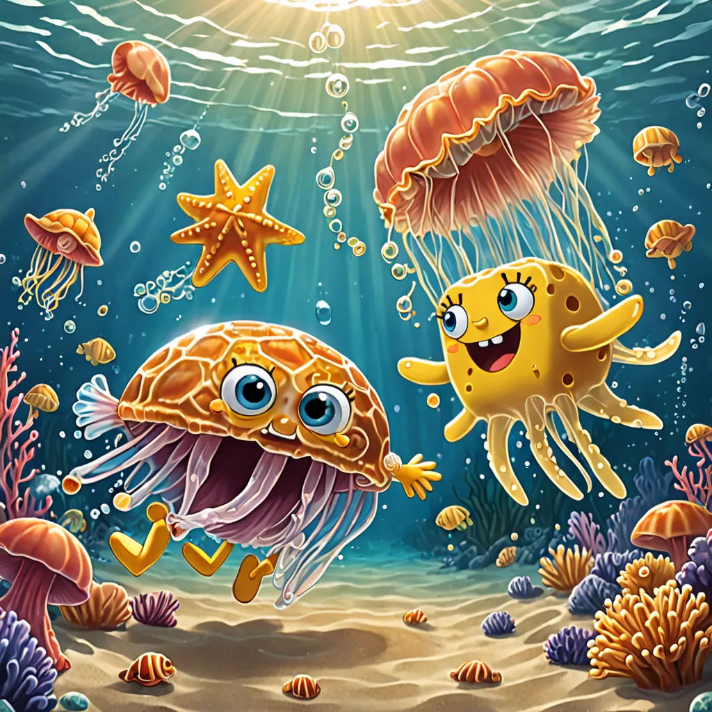 a cartoon of a jellyfish and a starfish under water with bubbles and bubbles in the air and a starfish in the foreground, pop surrealism, an airbrush painting, Chris LaBrooy, highly detailed digital painting