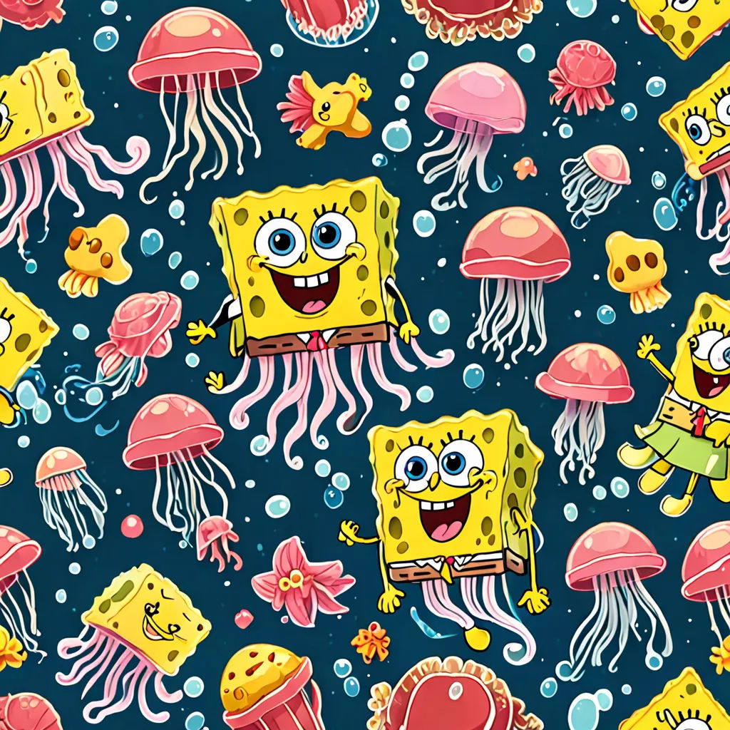a cartoon pattern of jelly fish and jellyfishes with faces and eyes, on a blue background with bubbles, pop surrealism, vector art, Chris LaBrooy, underwater