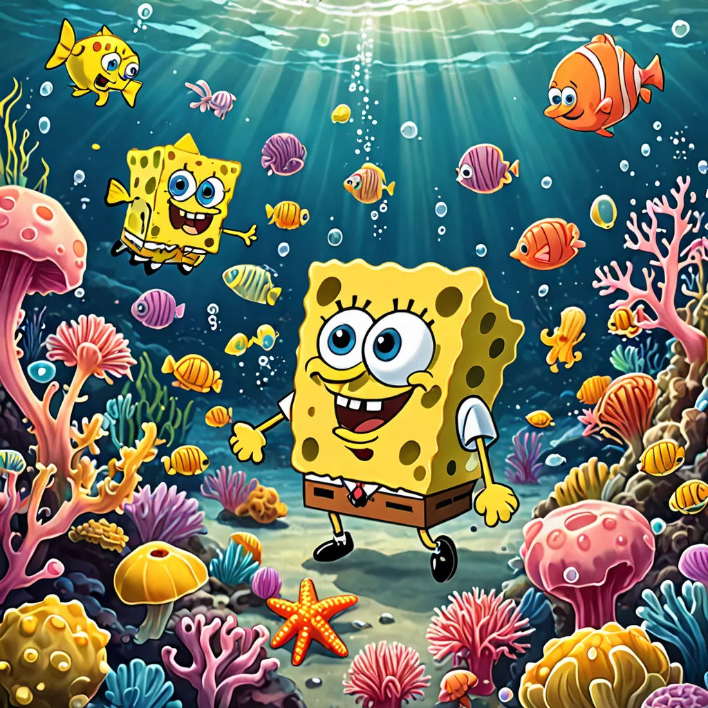 a spongebob under the sea with many different types of fish and corals around him and a starfish, pop surrealism, computer graphics, Chris LaBrooy, underwater