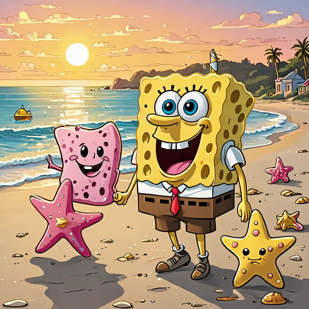 a cartoon spongebob and starfish on a beach with the sun setting in the background and a starfish in the foreground, sots art, a storybook illustration, Chris LaBrooy, official art