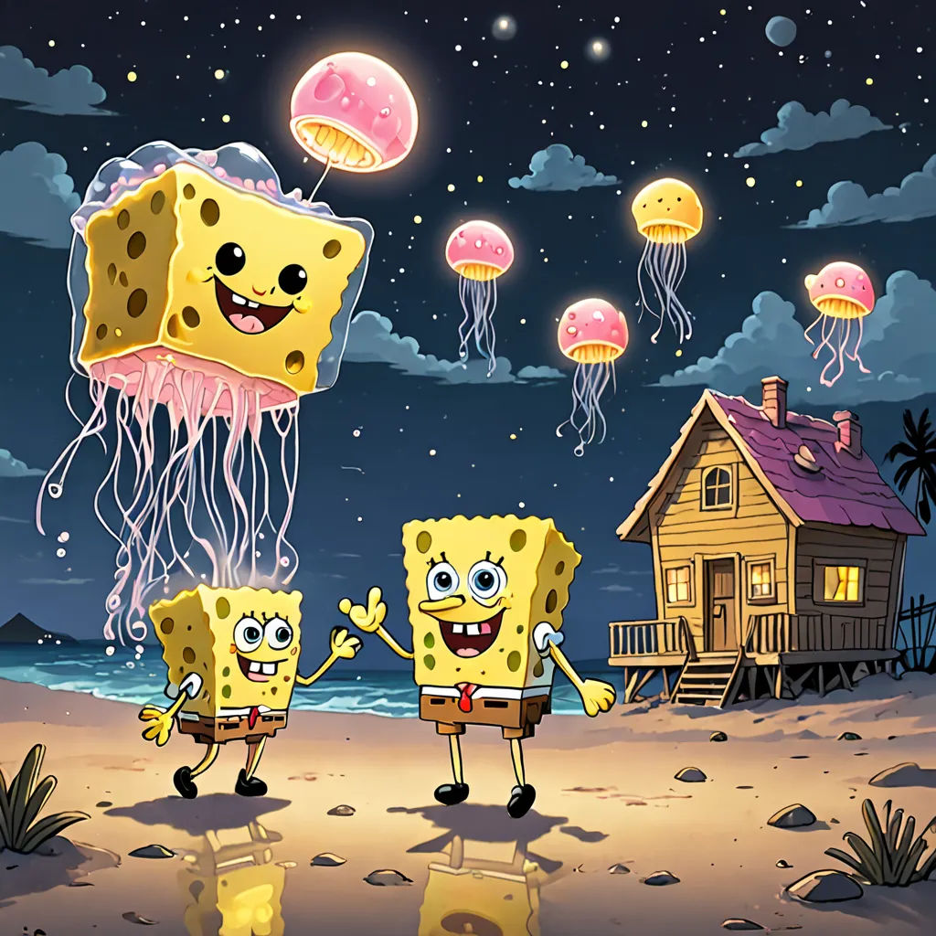 a couple of spongebobs are standing in the sand with jellyfish in the sky above them and a house in the background, pop surrealism, concept art, Chris LaBrooy, official art