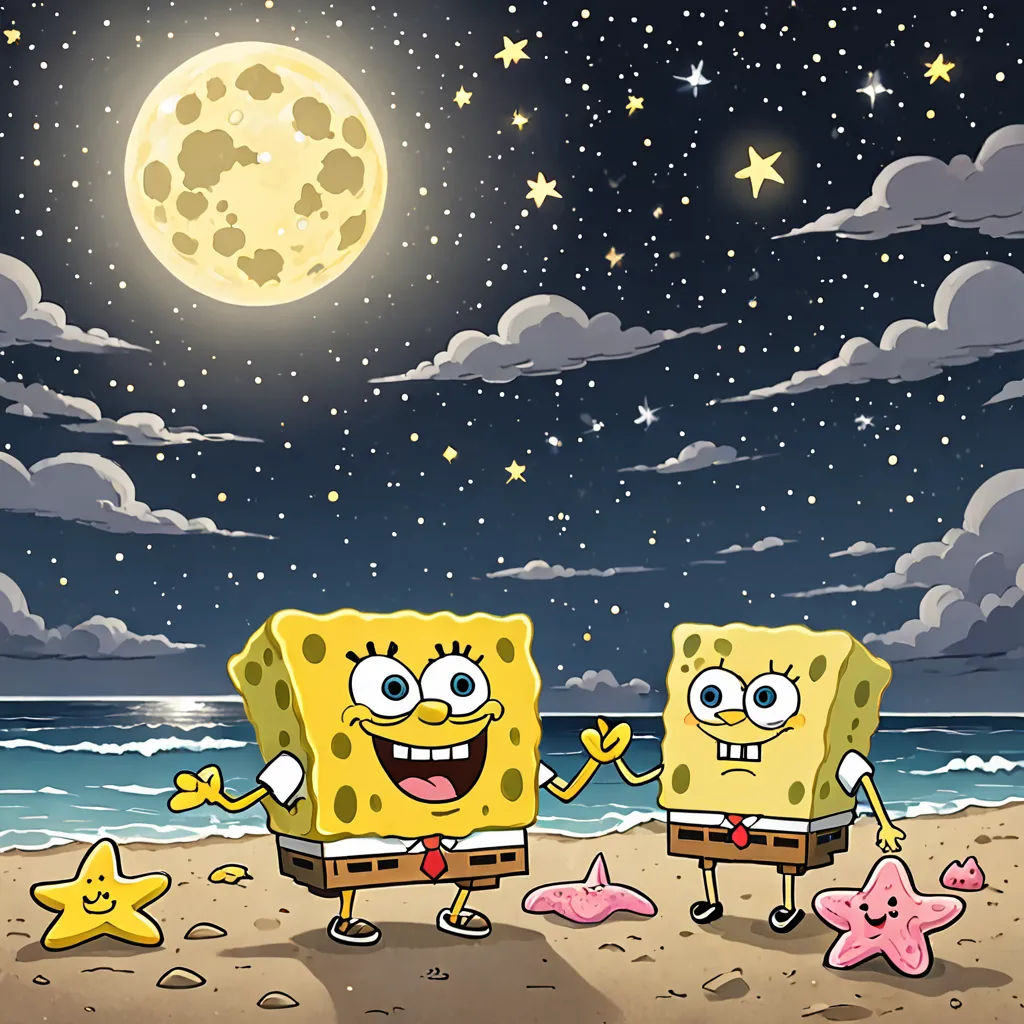 two spongebobs standing on a beach under a full moon and stars and clouds, with a full moon in the background, space art, a storybook illustration, Chris LaBrooy, night sky
