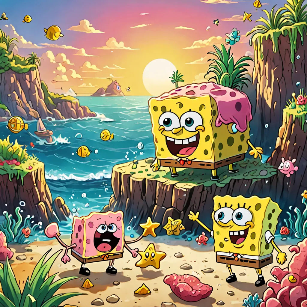 spongebob cartoon characters on a beach with a sunset in the background and a starfish in the foreground, sots art, concept art, Chris LaBrooy, key art