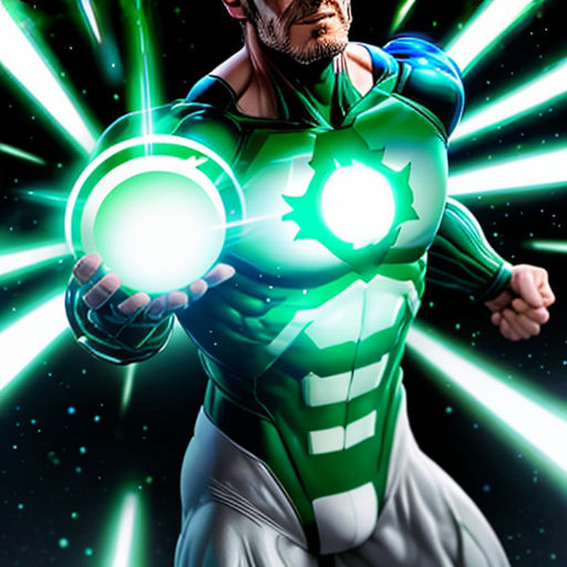 a man in a green suit holding a glowing ball in his hand and a green light shining through his arm