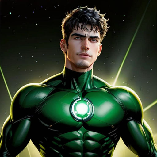 a man in a green lantern costume standing in front of a star filled sky with stars and a green light