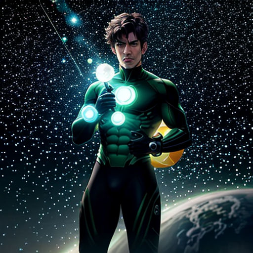 a man in a green suit standing in front of a planet with stars and a light up arm and a glowing orb