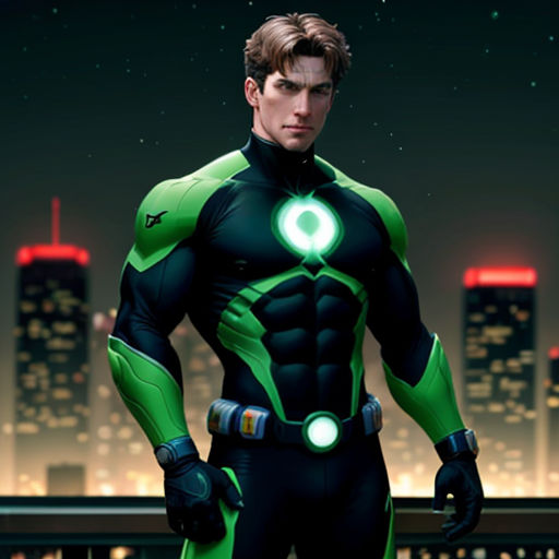 a man in a green and black suit standing in front of a cityscape at night with a green lantern