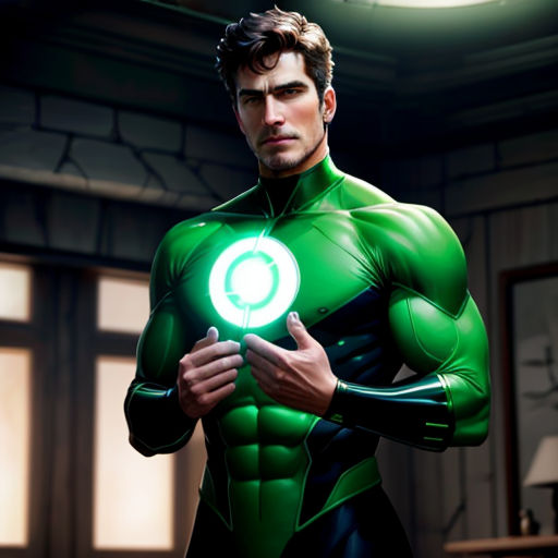 a man in a green suit holding a green lantern in his hands and a clock in the background with a light shining on his chest