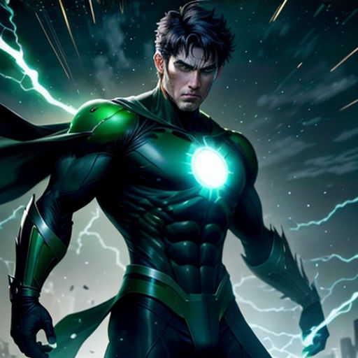 a man in a green suit with a green light on his chest and a lightning bolt in his hand