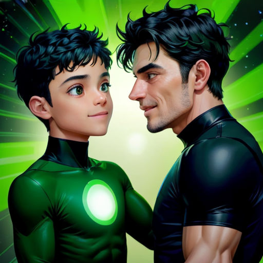 a man and a woman are standing together in front of a green light and a green background with stars