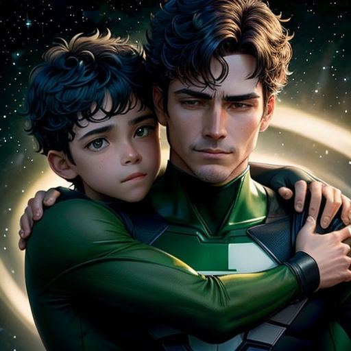 a man and a child are hugging in front of a space background with stars and a crescent in the background