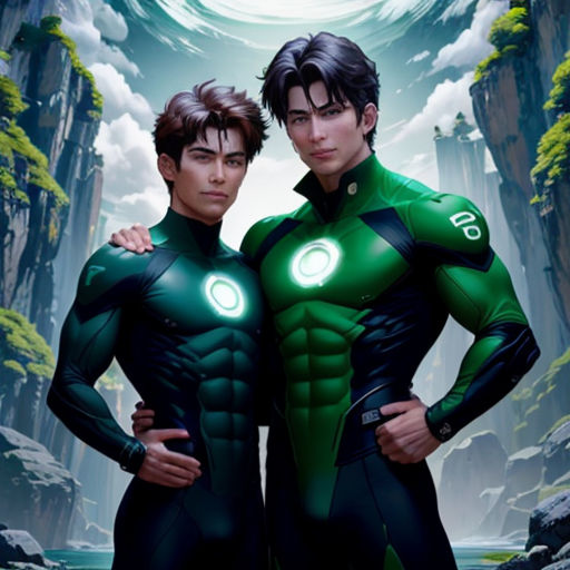 two men in green suits standing next to each other in front of a mountain and a river with a waterfall