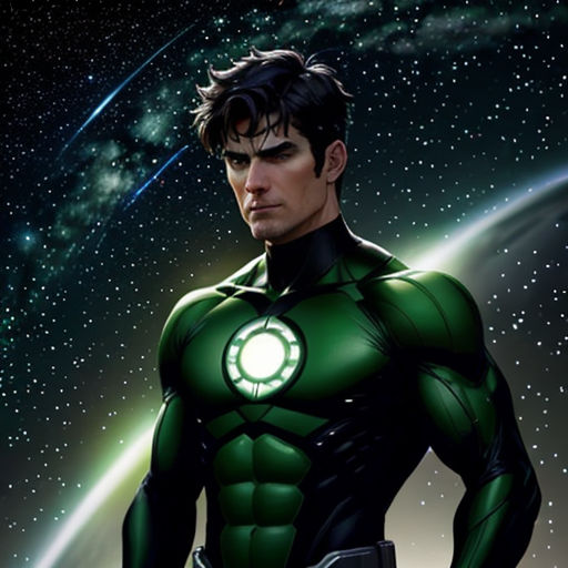 a man in a green suit standing in front of a space background with stars and a planet in the background