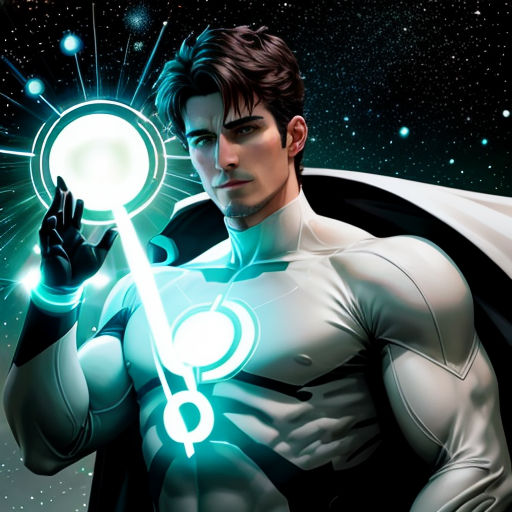 a man in a white suit holding a light saber in his hand and a star in the background with a black and white background