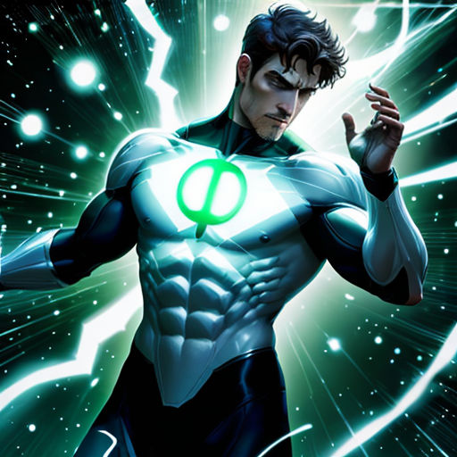 a man in a green lantern costume standing in front of a green lightening background with a green light