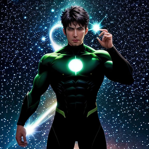 a man in a green lantern suit standing in front of a galaxy background with stars and a light up green lantern