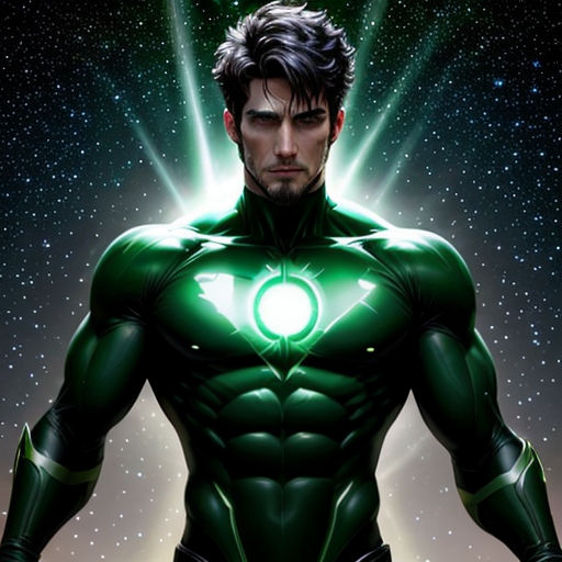 a man in a green lantern costume standing in front of a star filled sky with stars and a green lantern