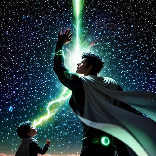 a man and a child are looking at a star filled sky with a green light in the middle of the image