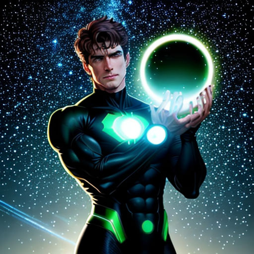 a man in a black suit holding a green light up orb in his hand and a star filled sky behind him