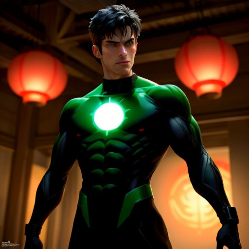 a man in a green lantern costume standing in a room with lanterns hanging from the ceiling and lanterns hanging from the ceiling