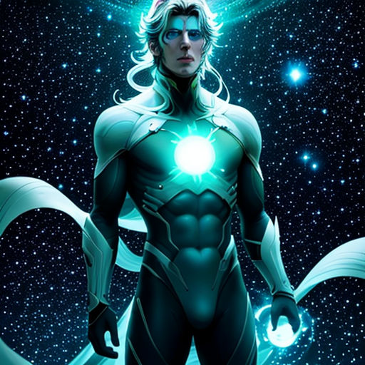a man in a space suit standing in front of a star filled sky with a light on his chest