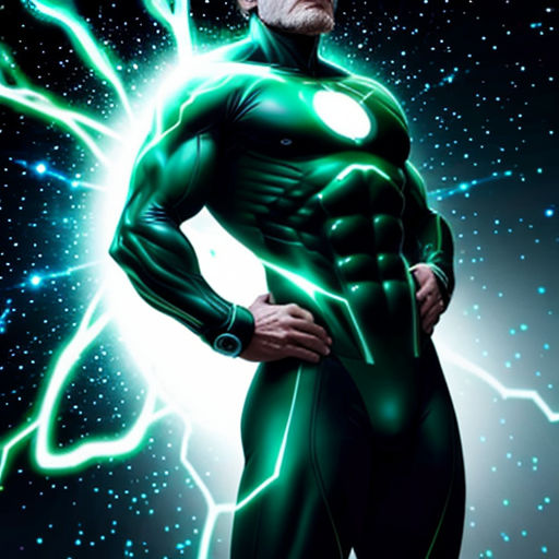 a man in a green suit standing in front of a star filled sky with lightnings and stars behind him